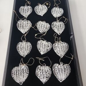 Vtg set 12 hand spun glass lattice heart ornaments